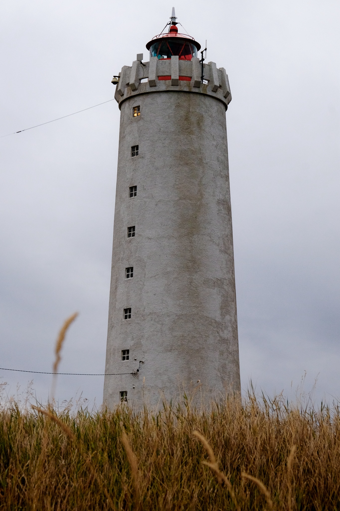 A weathered white lighthouse with red housing for the massive bulb with long grass forming a visual base