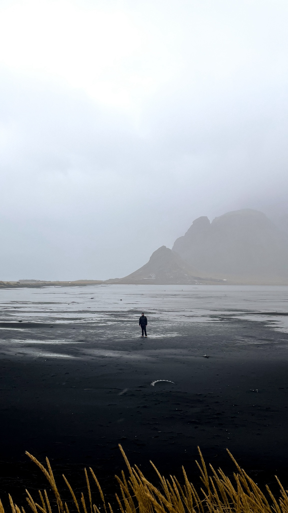 Simon standing in the distance on Stokknes beach in the Vestrahorn area