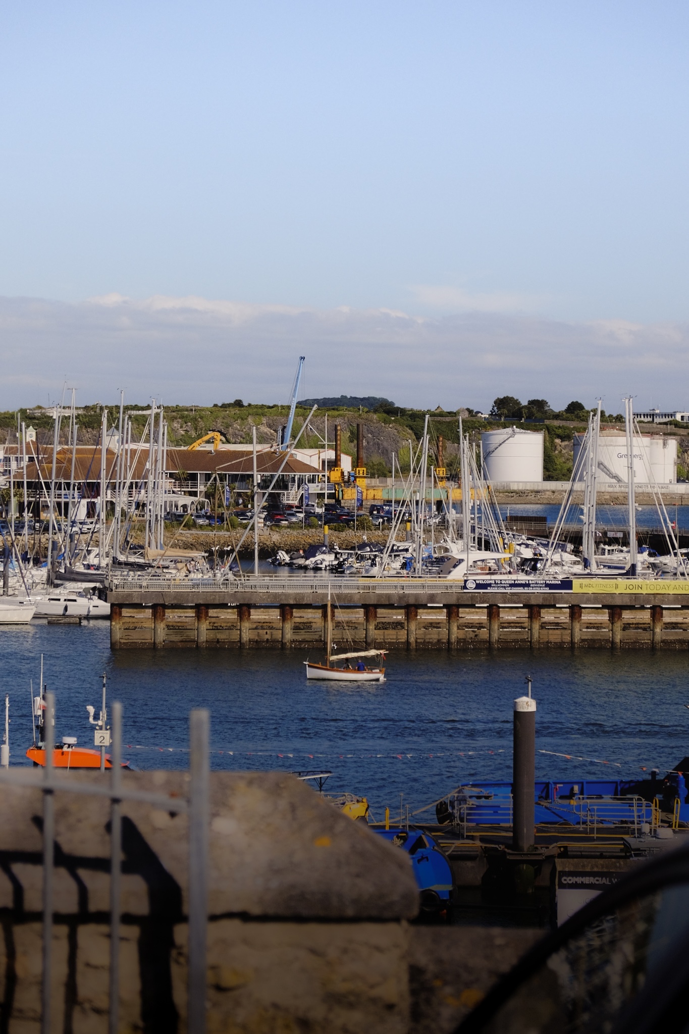 Small wooden sailboat moving slowly through a harbour filled with many moored modern sailboats