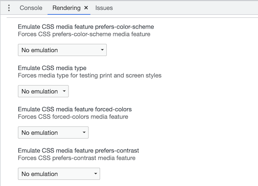 Settings to emulate different prefers-color-scheme and prefers-contrast in Chrome developer tools