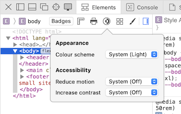 Settings to emulate different prefers-color-scheme and prefers-contrast in Safari developer tools